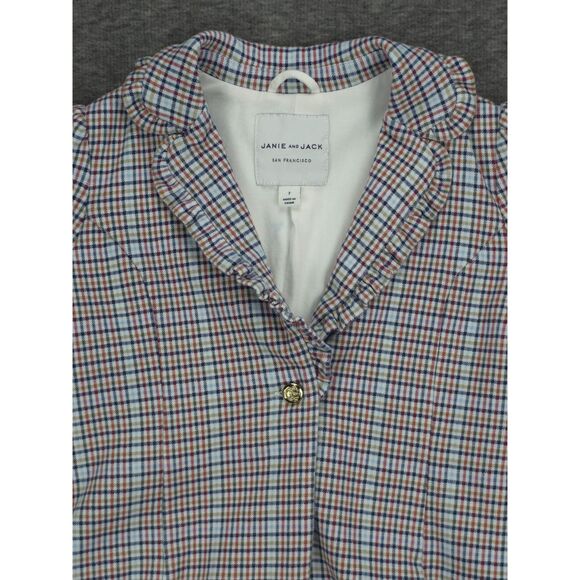 Girl's Janie & Jack Plaid Blazer Jacket w Gold Button Size 7 Puff Shoulder - Picture 3 of 8